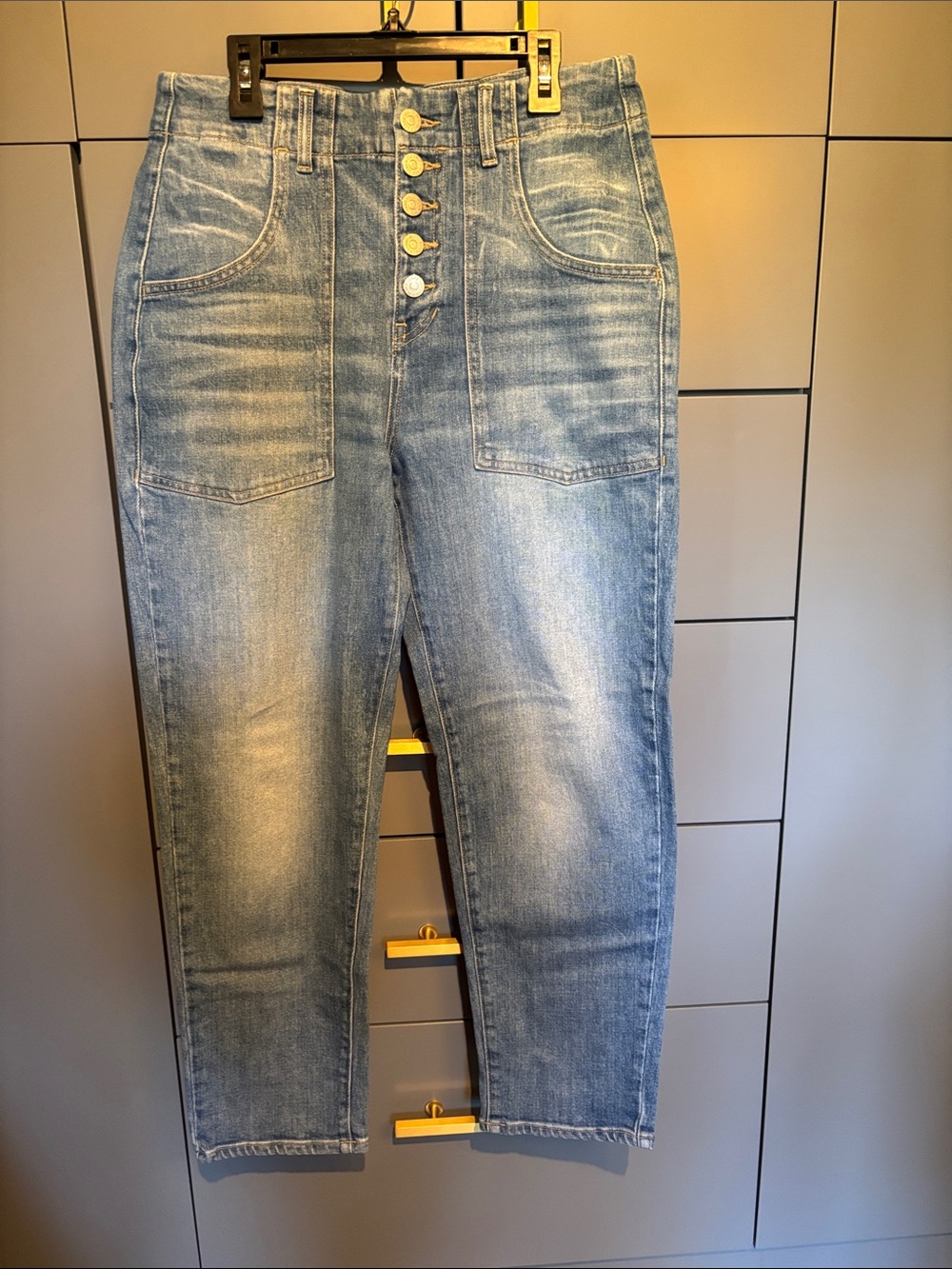 Veronica Beard button front jeans with patch pockets.